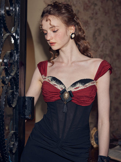 VALENTINA Siyah Ve Bordo Vintage Korseli Elbise