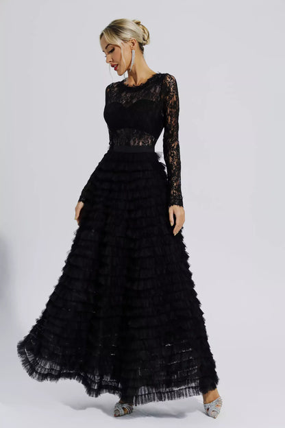 Jayleen Siyah Hollow Lace A Kesim Uzun Elbise