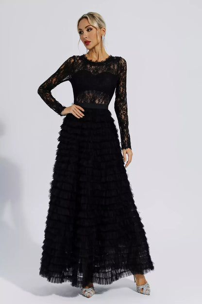 Jayleen Siyah Hollow Lace A Kesim Uzun Elbise
