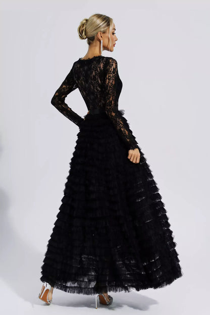 Jayleen Siyah Hollow Lace A Kesim Uzun Elbise