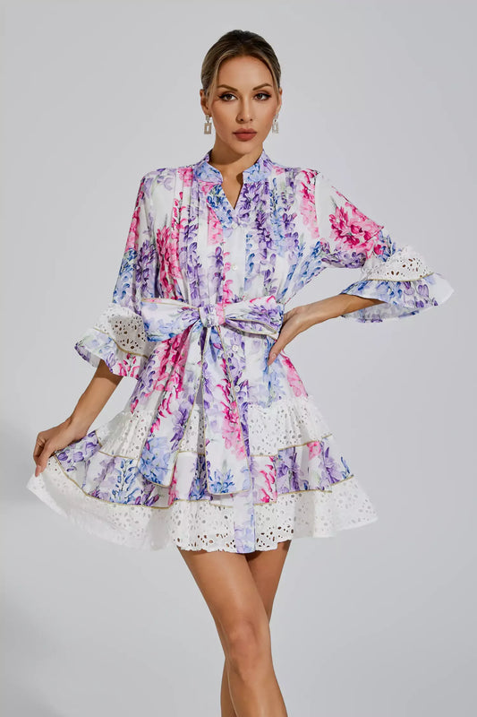 Kimora Çiçekli Kemerli Mini Elbise