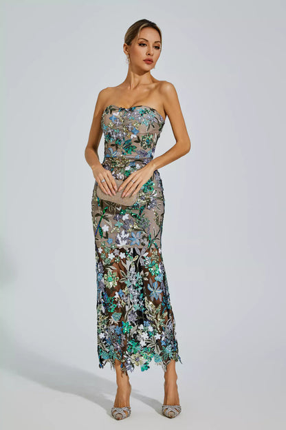 Leanna Green Flower Embroidered Maxi Dress