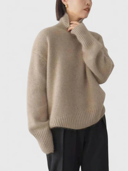Bej Oversize Boğazlı Triko Kazak