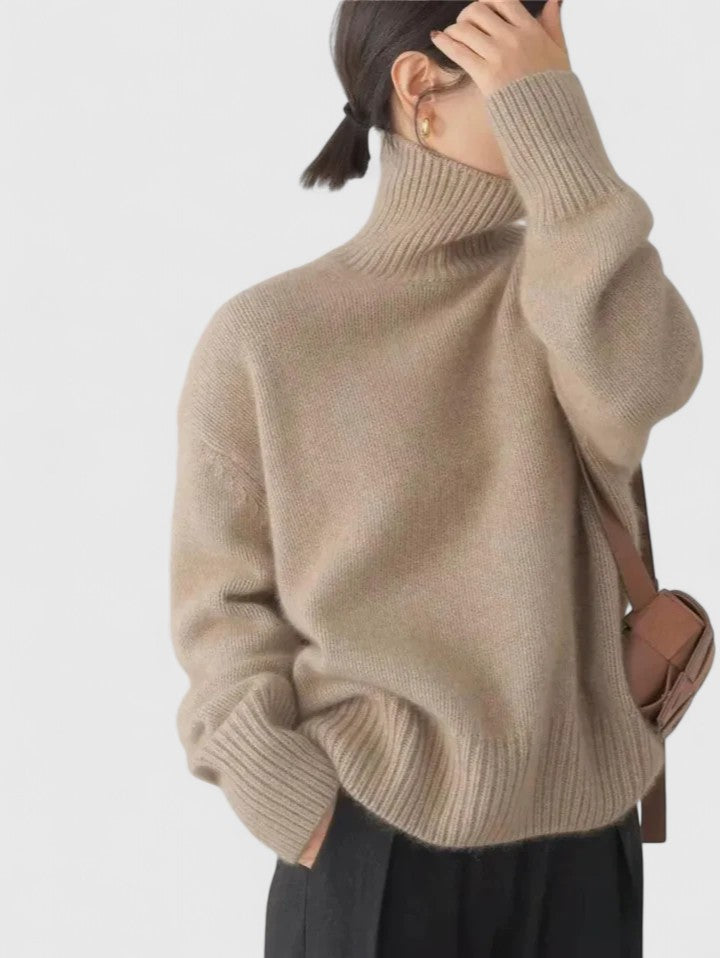 Bej Oversize Boğazlı Triko Kazak
