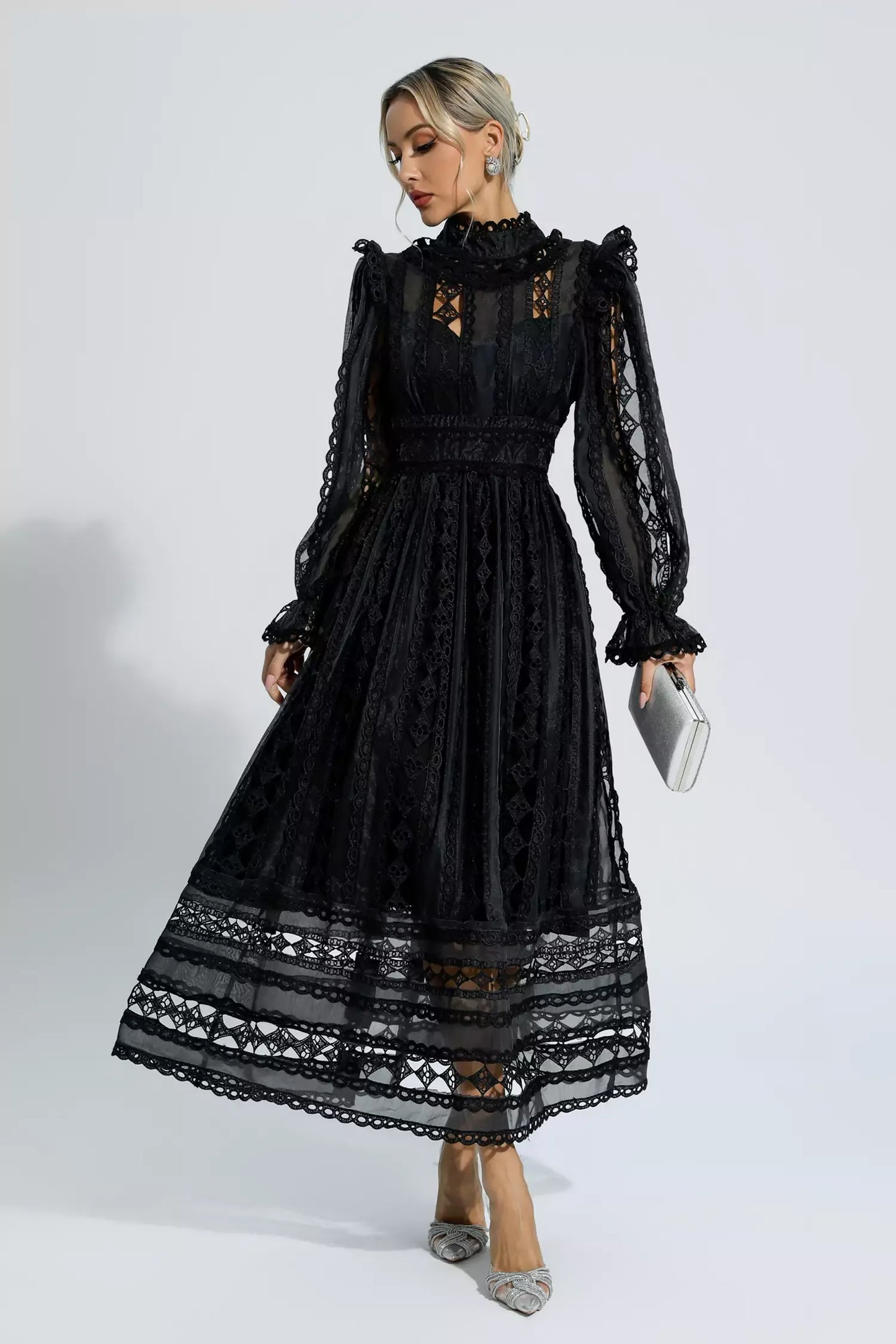 Mariam Siyah Hollow Lace Uzun Kollu Maksi Elbise