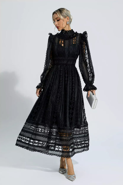 Mariam Siyah Hollow Lace Uzun Kollu Maksi Elbise