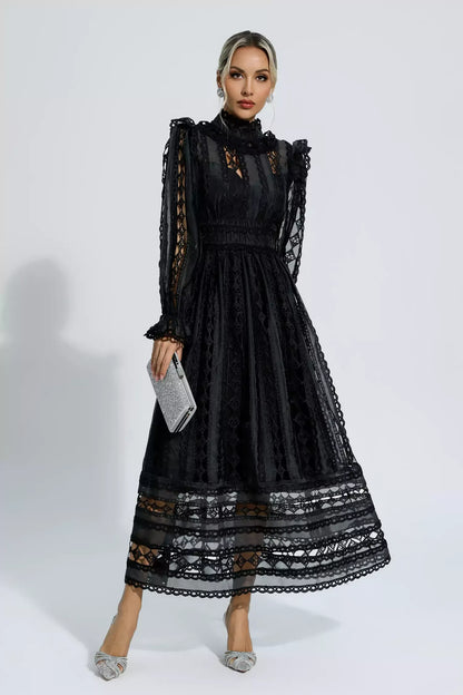 Mariam Siyah Hollow Lace Uzun Kollu Maksi Elbise