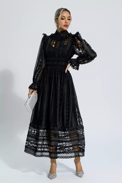 Mariam Siyah Hollow Lace Uzun Kollu Maksi Elbise