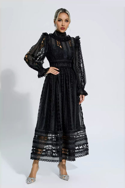 Mariam Siyah Hollow Lace Uzun Kollu Maksi Elbise