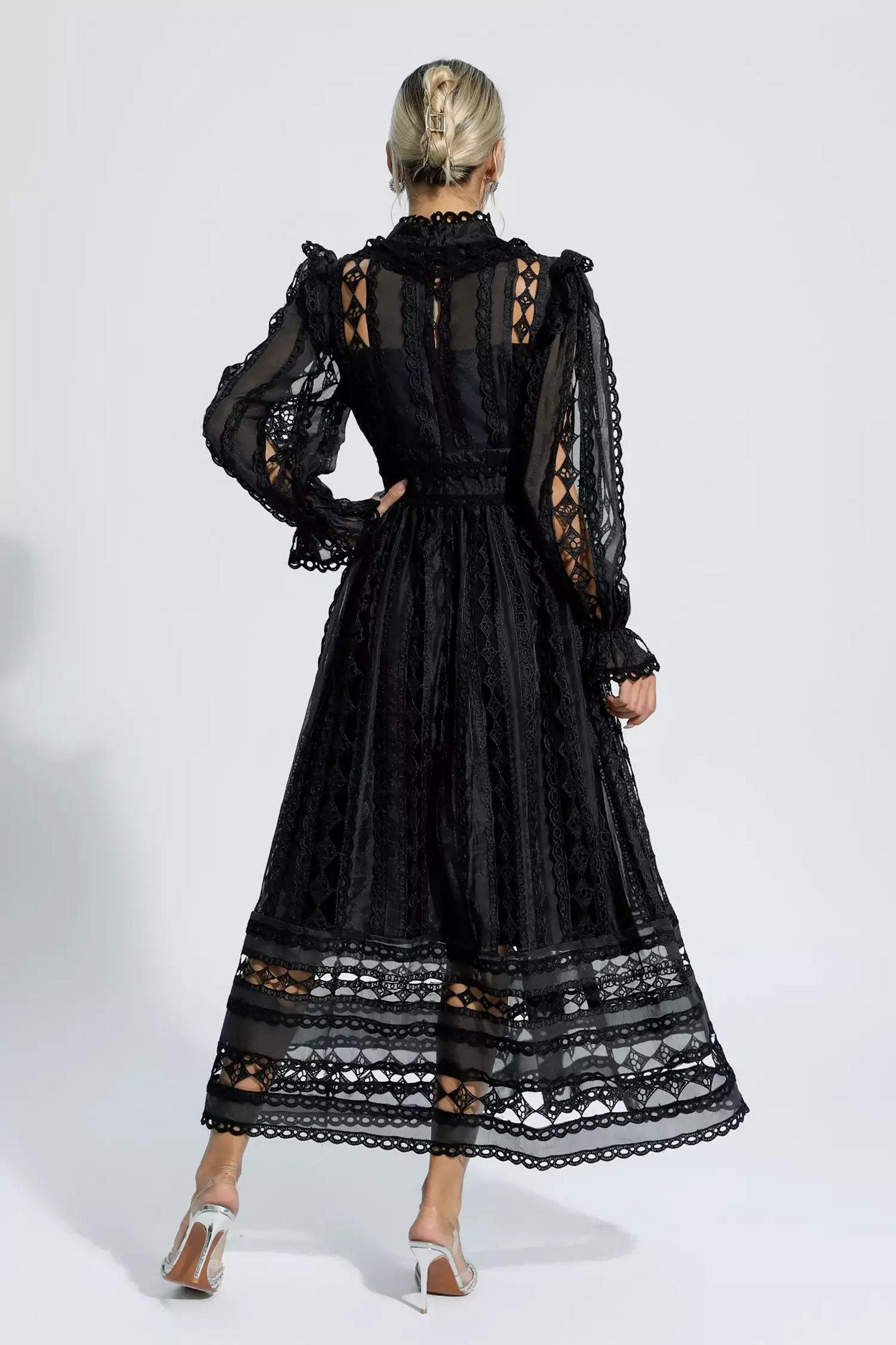 Mariam Siyah Hollow Lace Uzun Kollu Maksi Elbise