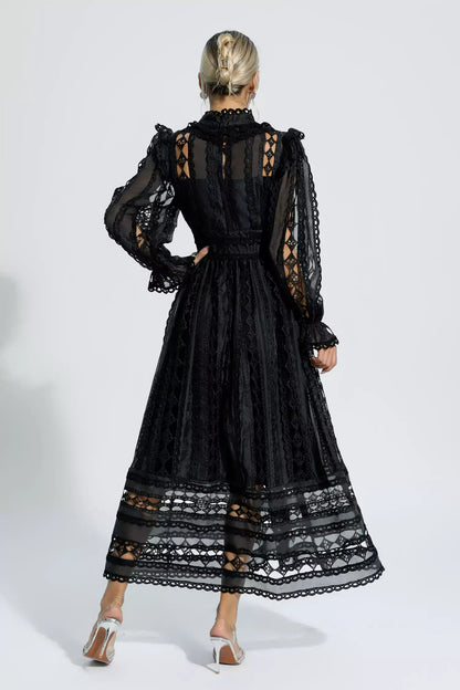 Mariam Siyah Hollow Lace Uzun Kollu Maksi Elbise