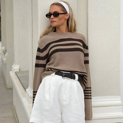 Kahverengi Çizgili Oversize Triko Kazak