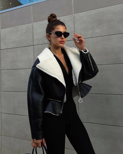 Krem Shearling Crop Ceket