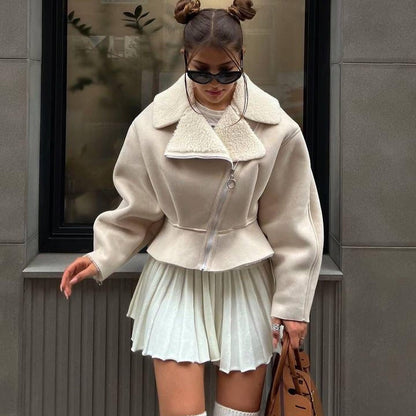Krem Shearling Crop Ceket