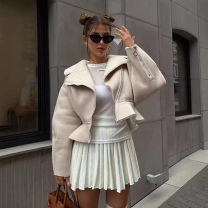 Krem Shearling Crop Ceket