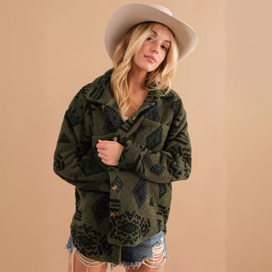 Etnik Desenli Yeşil Oversize Polar Ceket