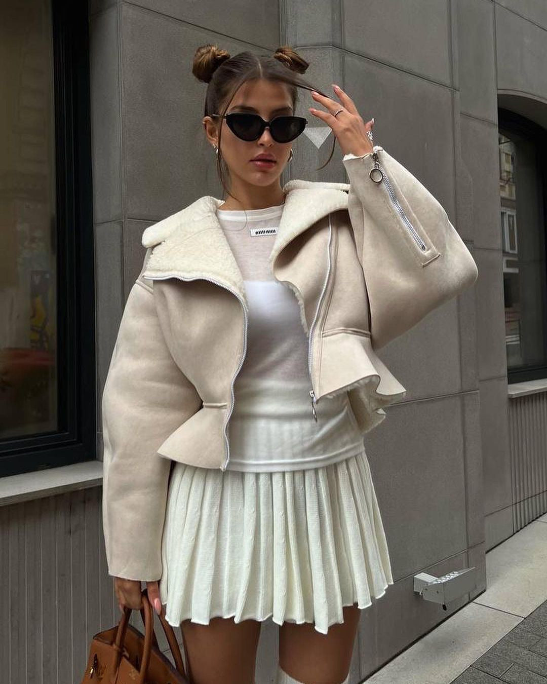 Krem Shearling Crop Ceket