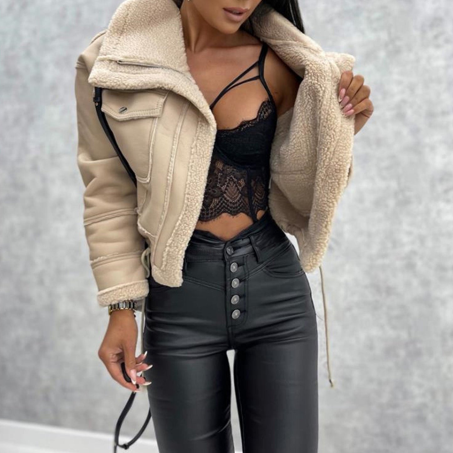Siyah Shearling Deri Mont