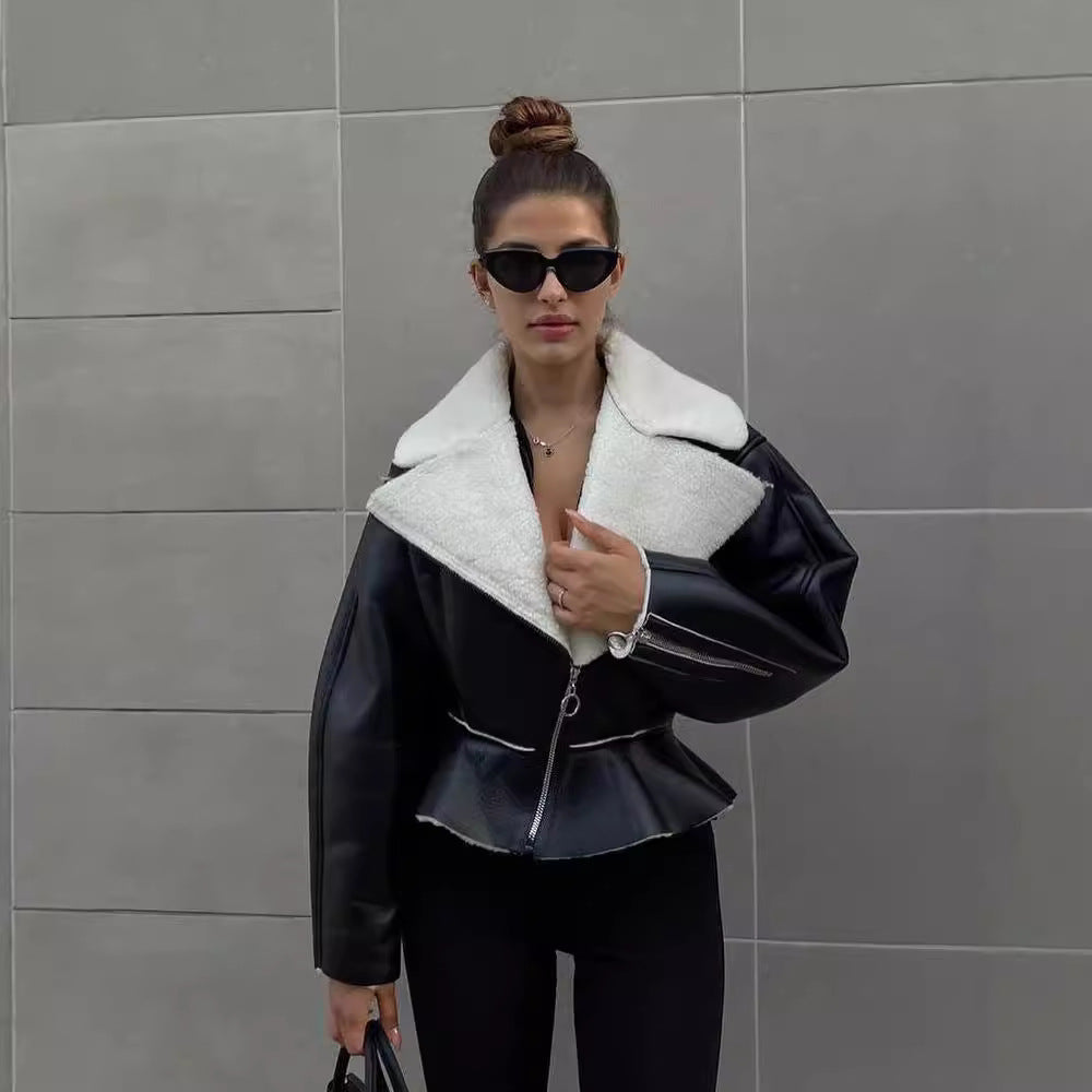 Krem Shearling Crop Ceket