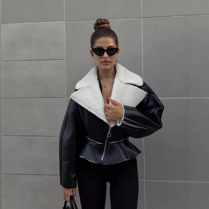 Krem Shearling Crop Ceket
