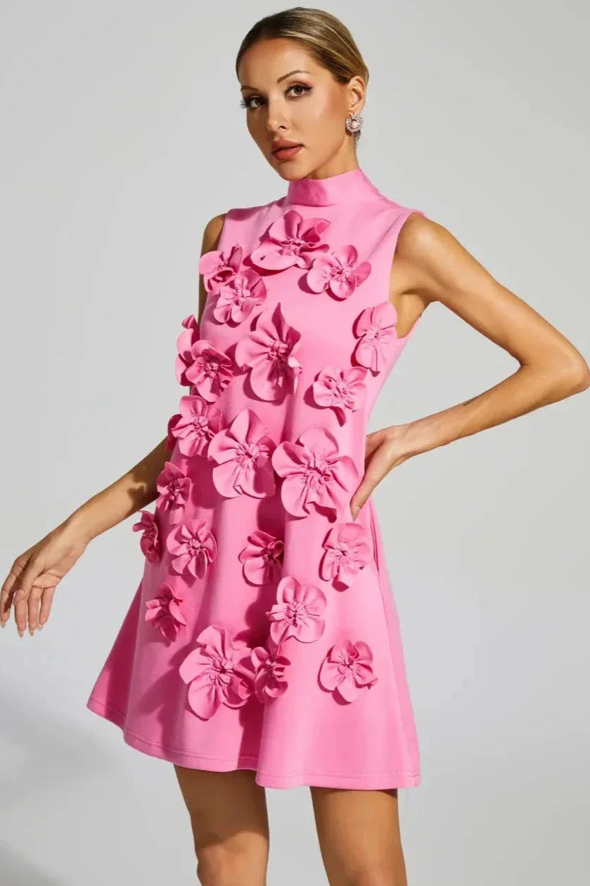 Liora Pembe Gül Çiçekli Mini Elbise