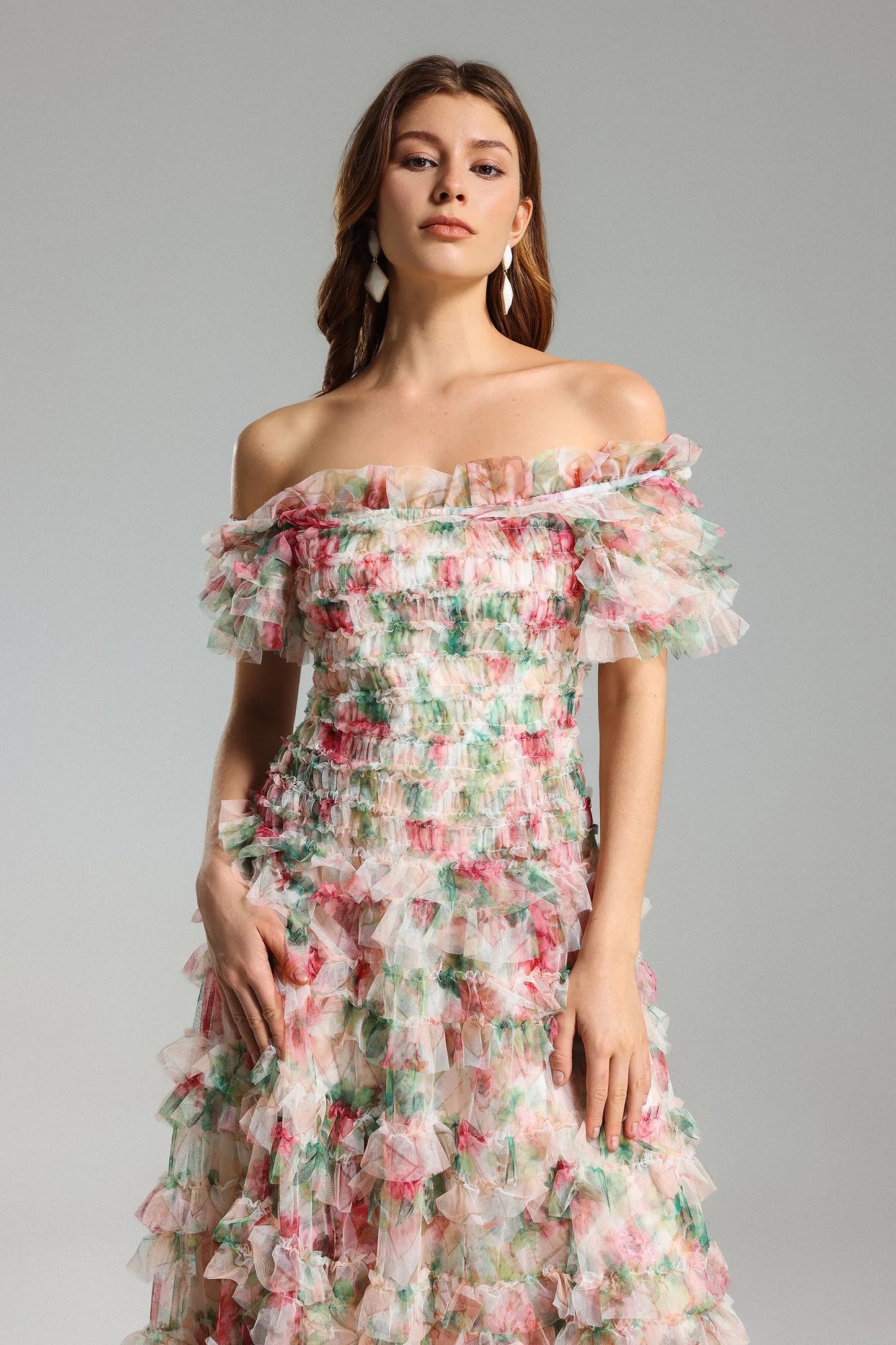 Qearl Floral Omuz Açık Pliseli Uzun Elbise