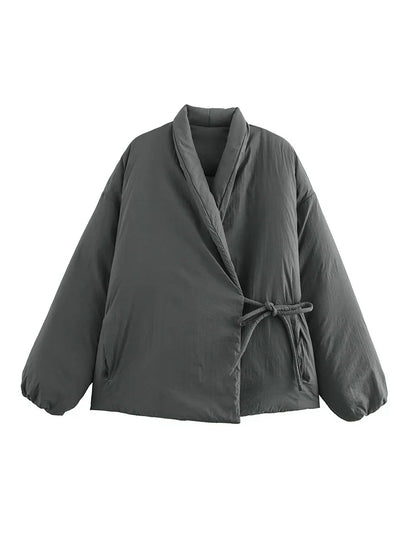 Kușak Detaylı Kimono Tarzı Şişme Mont