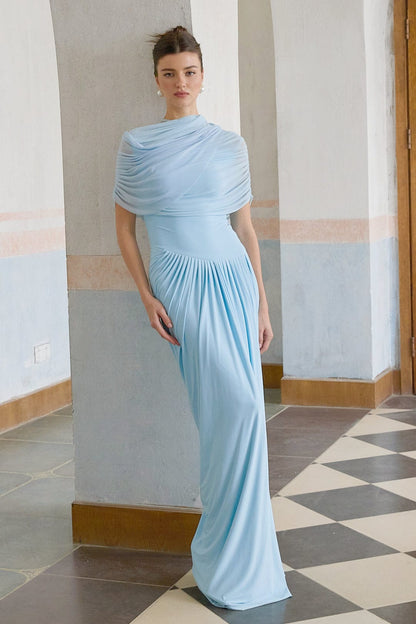 Loverson™ Mavi Asimetrik Pileli Maxi Elbise