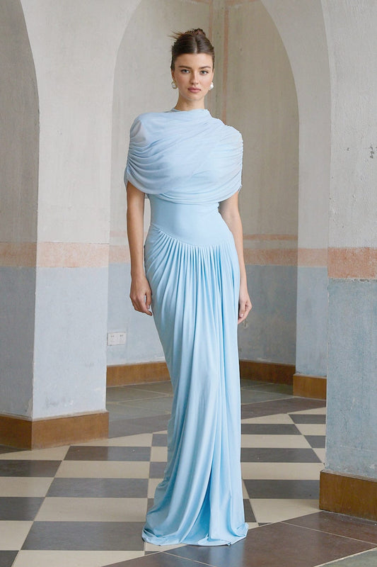 Loverson™ Mavi Asimetrik Pileli Maxi Elbise