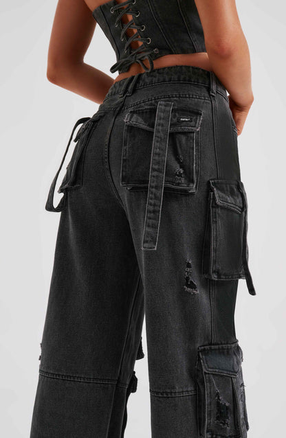 Siyah Cargo Jean Pantolon