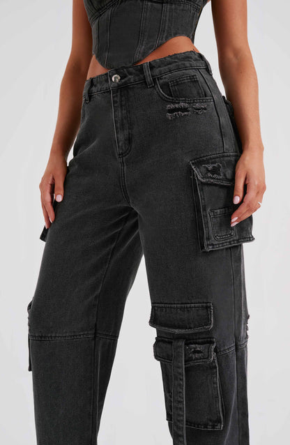 Siyah Cargo Jean Pantolon