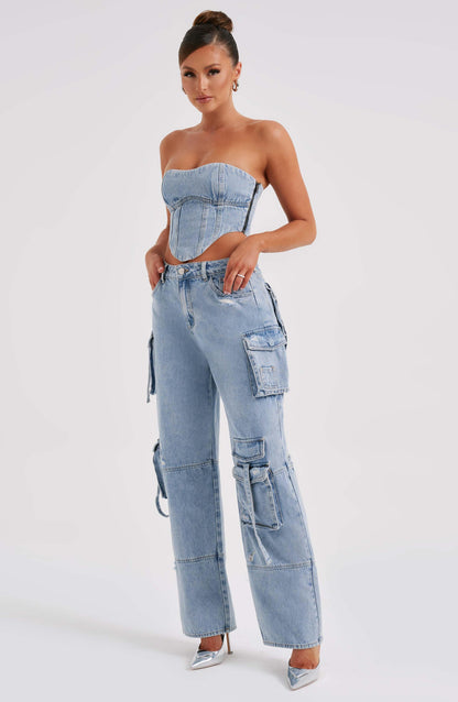 Cepli Bağcıklı Denim Kargo Pantolon