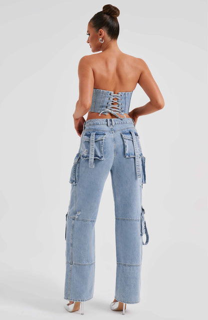 Cepli Bağcıklı Denim Kargo Pantolon