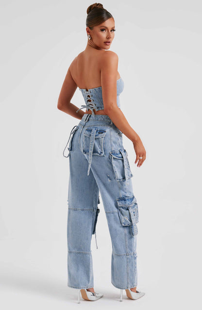 Cepli Bağcıklı Denim Kargo Pantolon