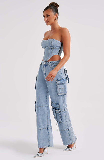 Cepli Bağcıklı Denim Kargo Pantolon
