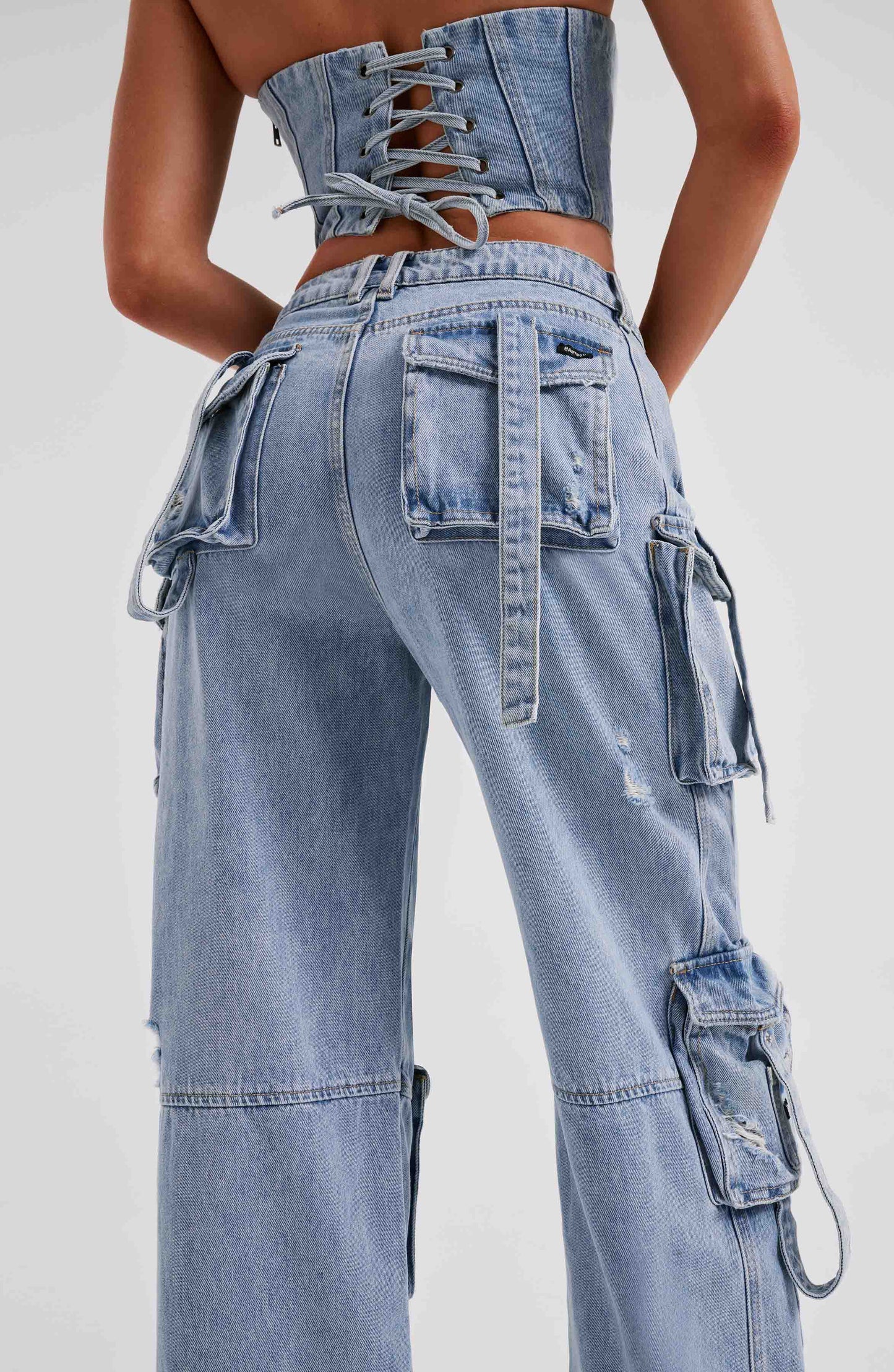 Cepli Bağcıklı Denim Kargo Pantolon