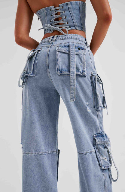 Cepli Bağcıklı Denim Kargo Pantolon