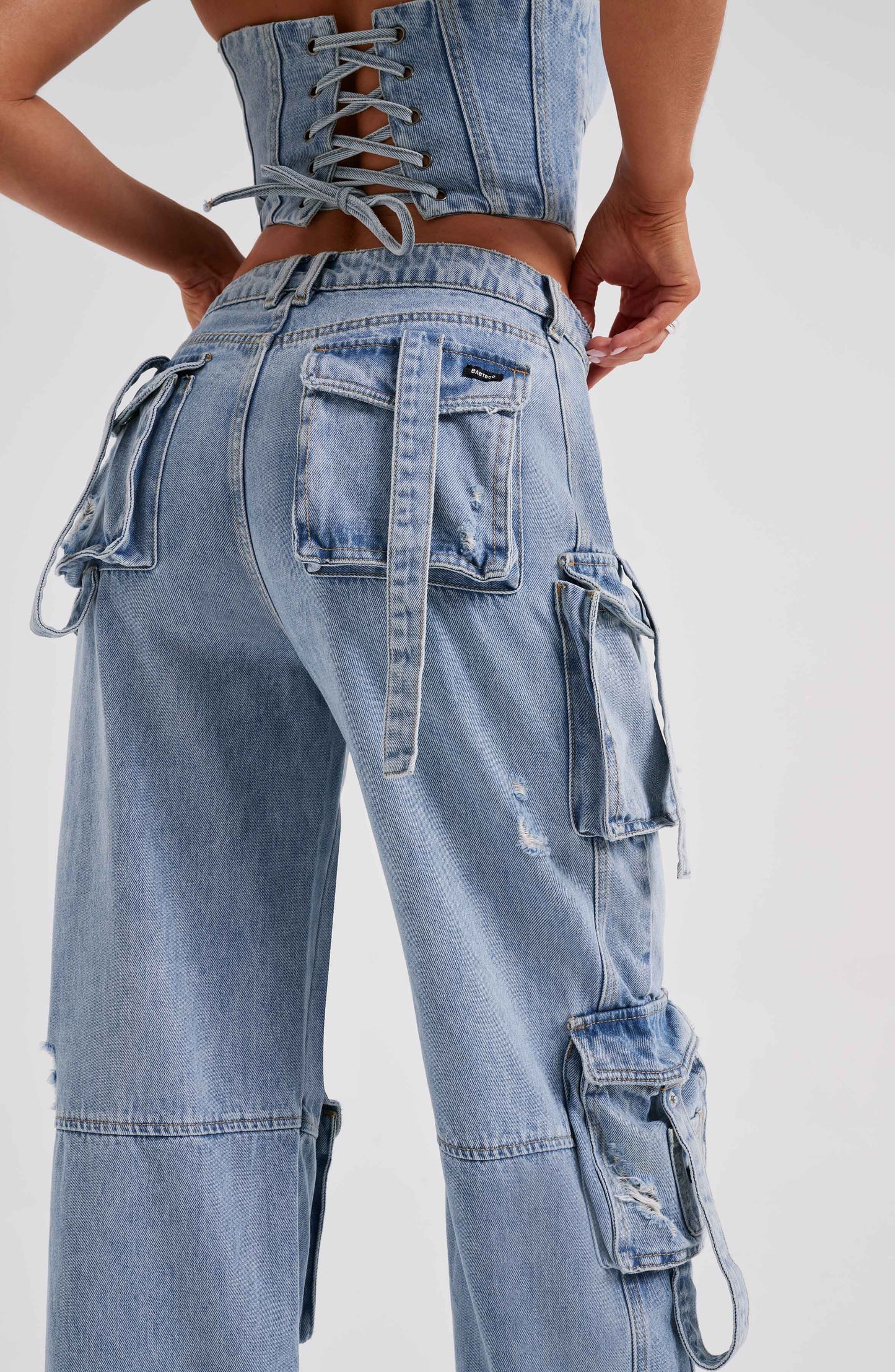 Cepli Bağcıklı Denim Kargo Pantolon