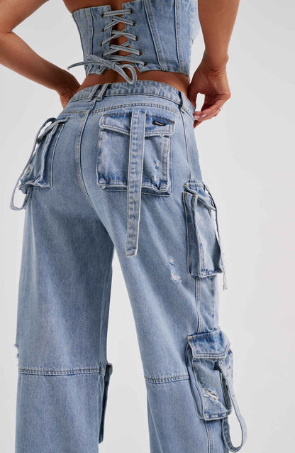 Cepli Bağcıklı Denim Kargo Pantolon