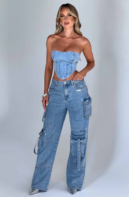 Cepli Bağcıklı Denim Kargo Pantolon