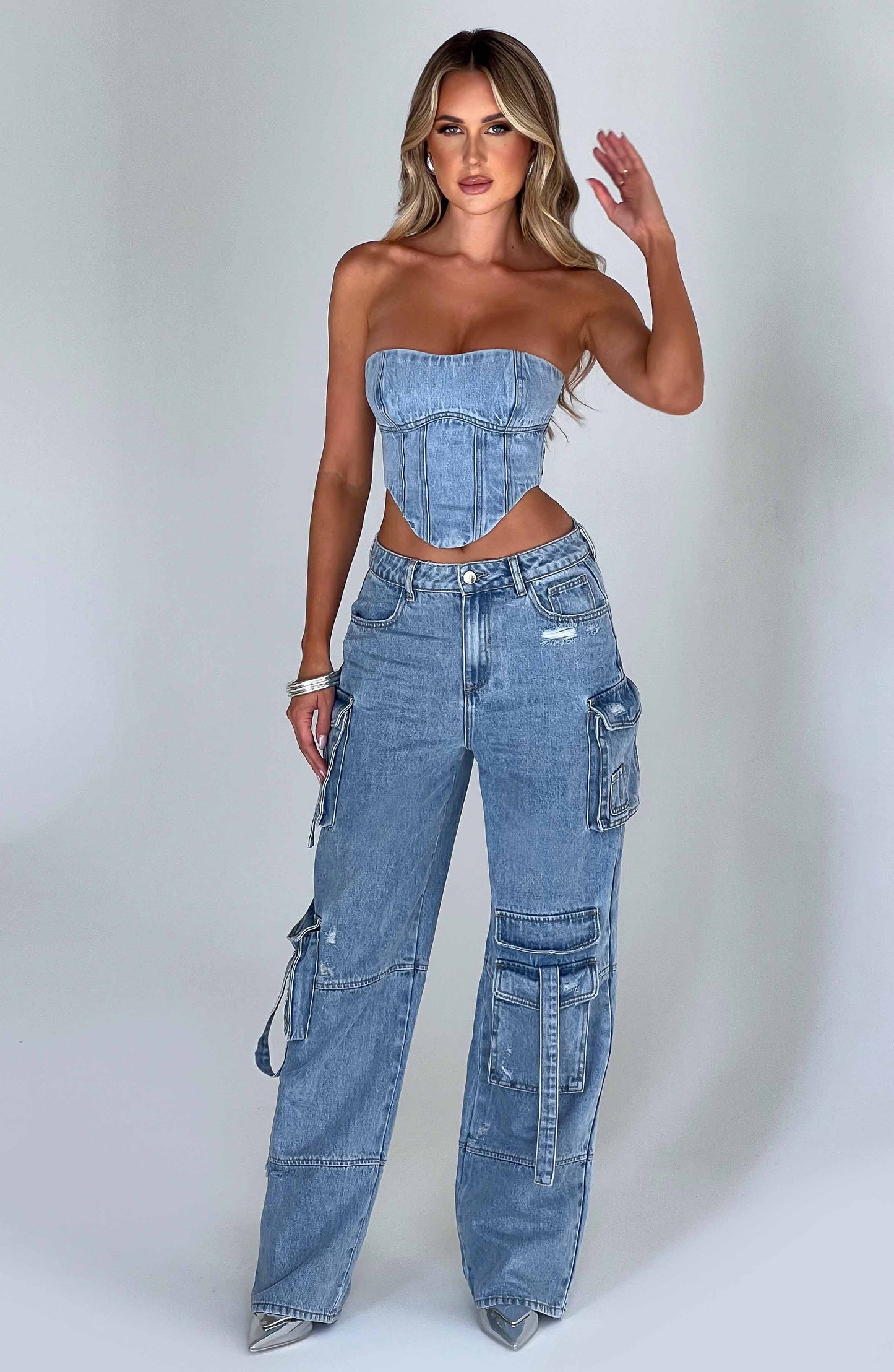 Cepli Bağcıklı Denim Kargo Pantolon