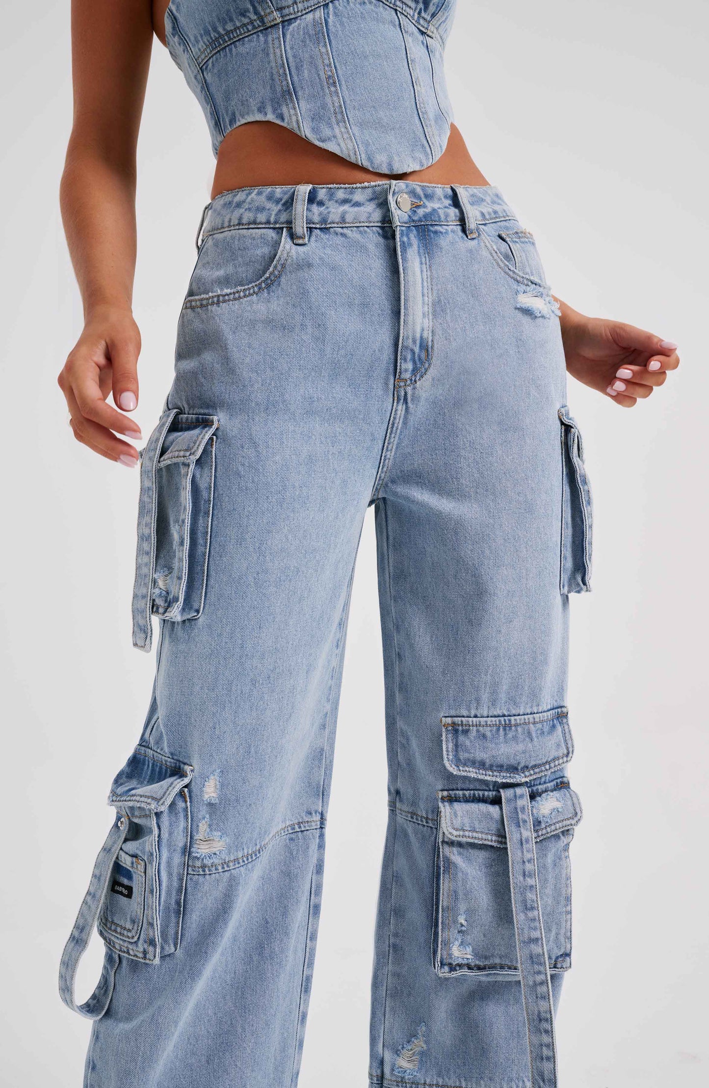 Cepli Bağcıklı Denim Kargo Pantolon