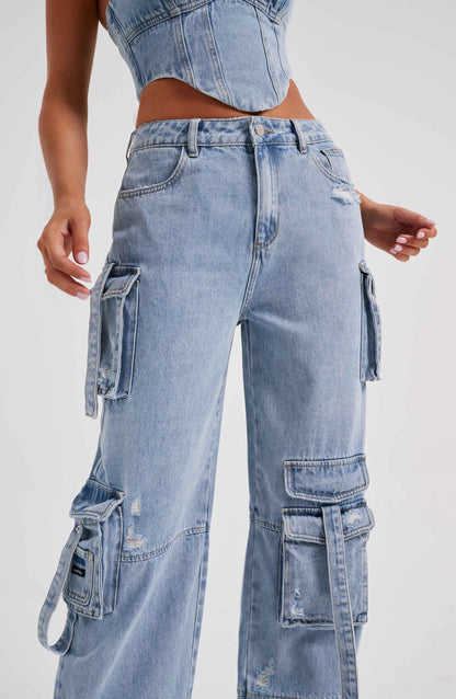 Cepli Bağcıklı Denim Kargo Pantolon