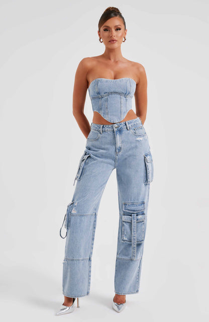 Cepli Bağcıklı Denim Kargo Pantolon
