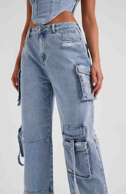 Cepli Bağcıklı Denim Kargo Pantolon