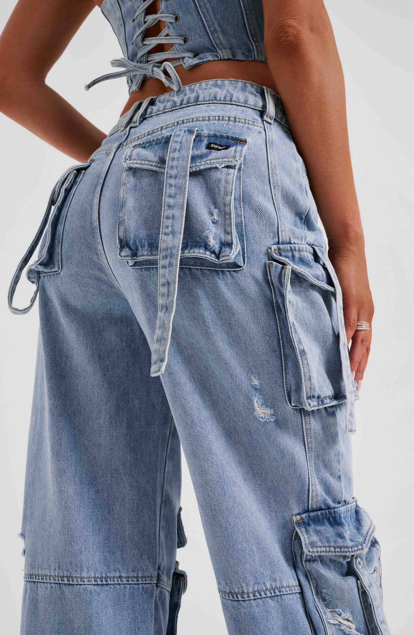 Cepli Bağcıklı Denim Kargo Pantolon