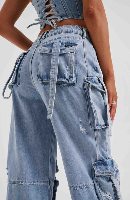 Cepli Bağcıklı Denim Kargo Pantolon