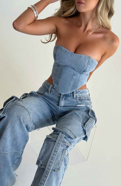 Cepli Bağcıklı Denim Kargo Pantolon