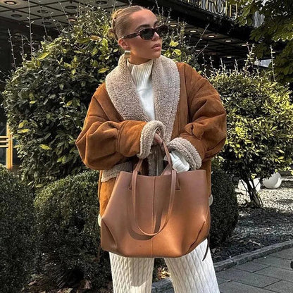 Kürklü Kahverengi Oversize Mont