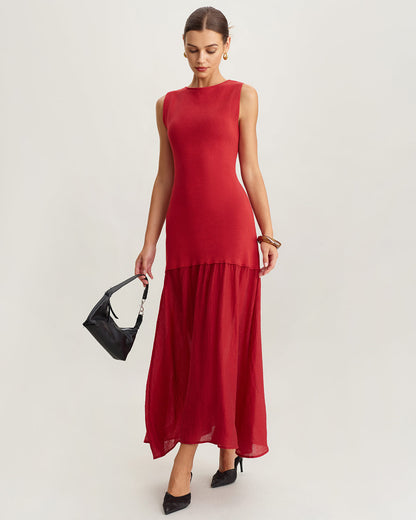 Red Ribbed Knit Sleeveless Maxi Dress